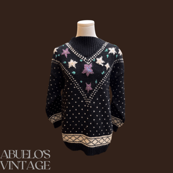 Crescendo Floral Knit Sweater | Black Wool | Size S | Vintage - Picture 1 of 4